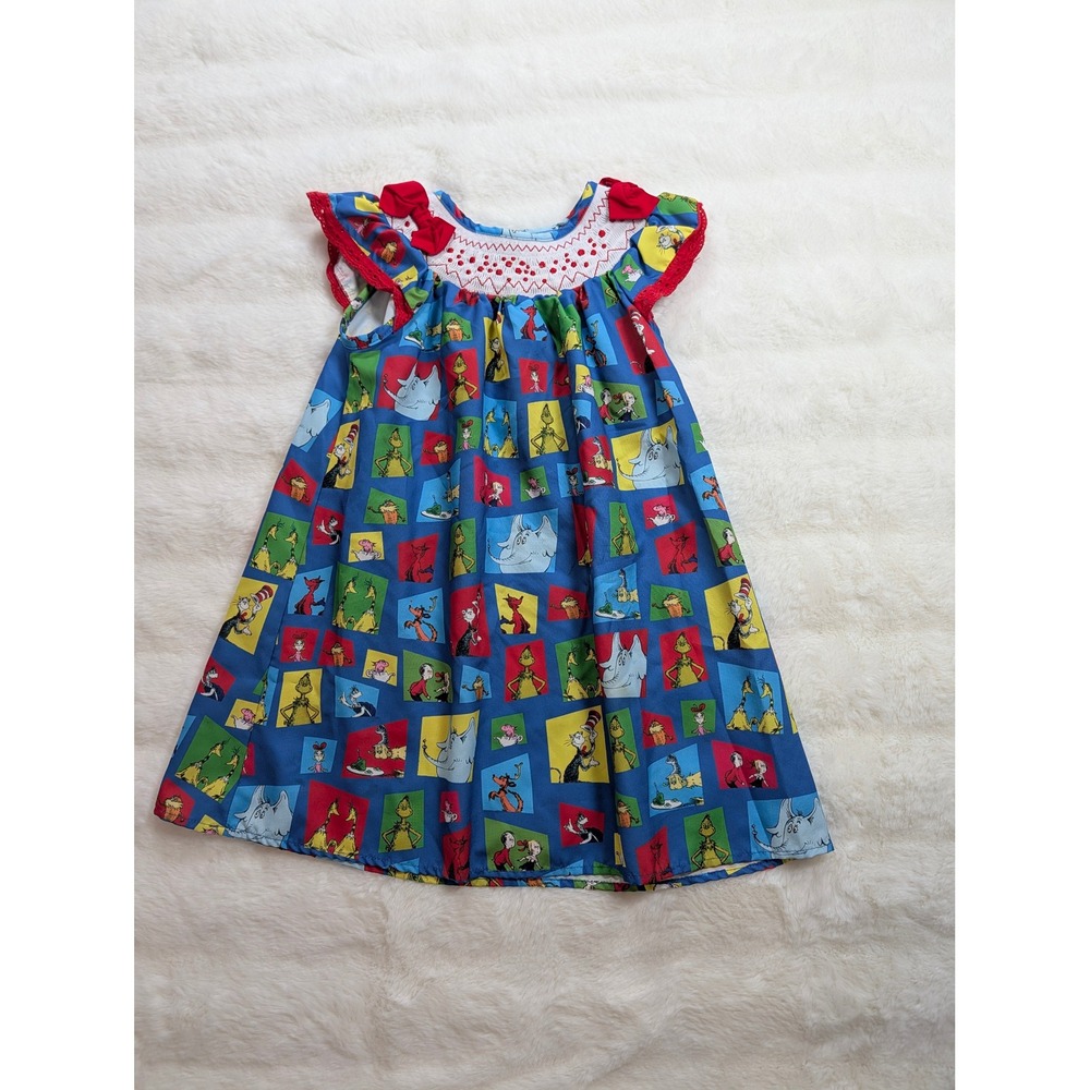 Dash of Glitter Kids Smocked Storybook Character Dress Blue Red Bows Size L